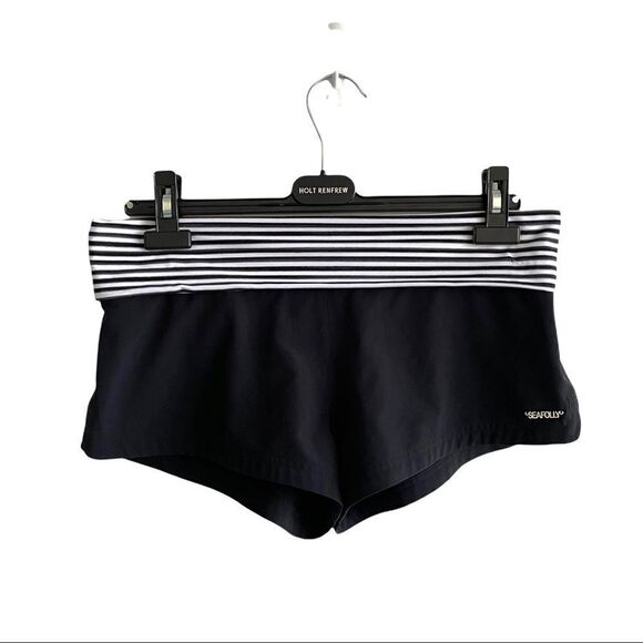 SEAFOLLY Fold-Over Swim Coverup Shorts Black White Stripe L - Picture 4 of 7